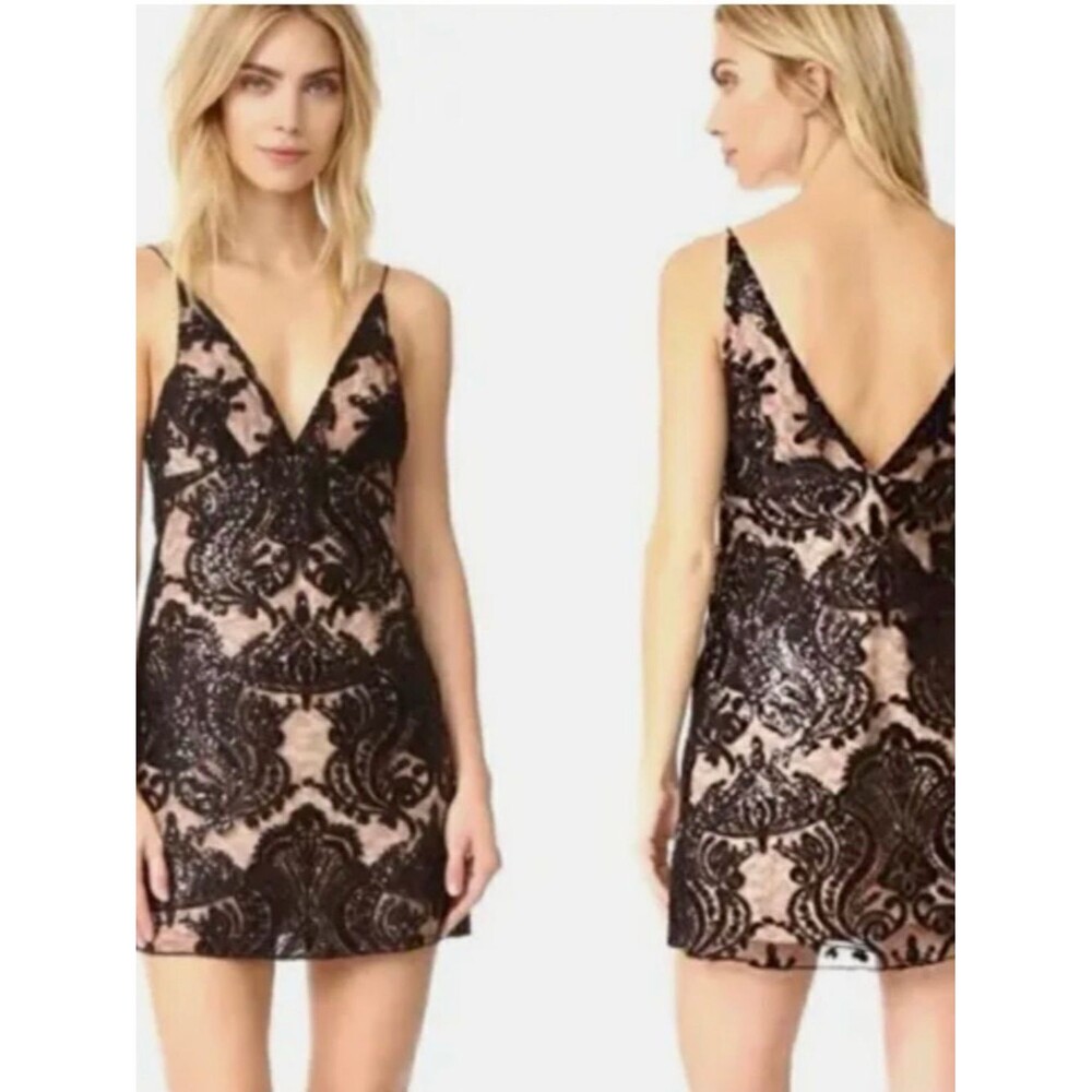 Y2K Free People Black Lace Mini Slip Dress with Nude Underlay sz 4 Boho Chic